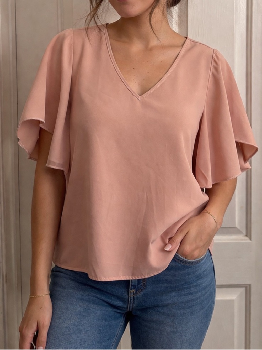 SHEIN Dusty Rose V-Neck Flutter Sleeve Blouse
